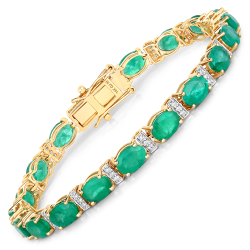 Bracelets-14.05 Carat Genuine Zambian Emerald and White Diamond 14K Yellow Gold Bracelet