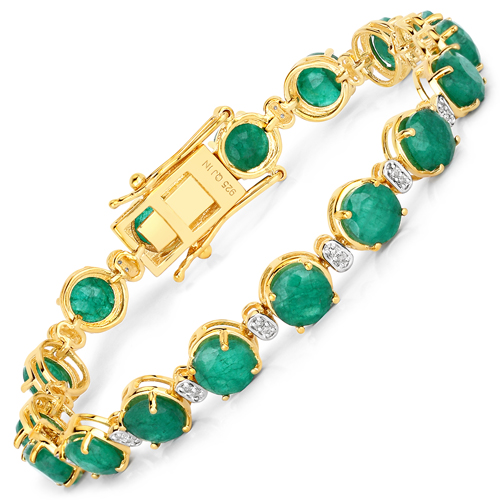 Bracelets-18.20 Carat Genuine Dyed Emerald and White Diamond .925 Sterling Silver Bracelet