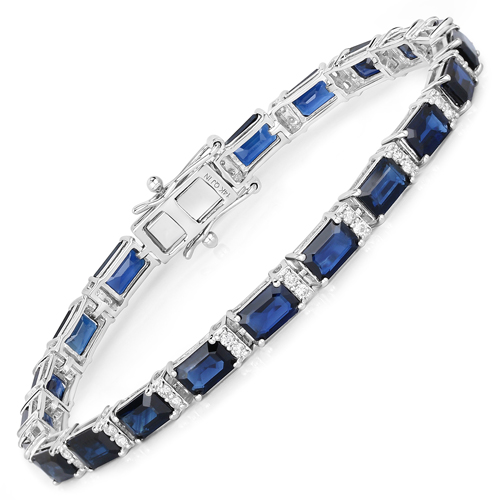 Bracelets-12.77 Carat Genuine Blue Sapphire and White Diamond 14K White Gold Bracelet