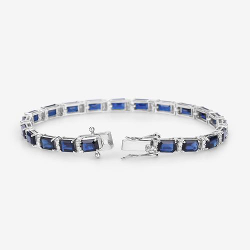 12.77 Carat Genuine Blue Sapphire and White Diamond 14K White Gold Bracelet