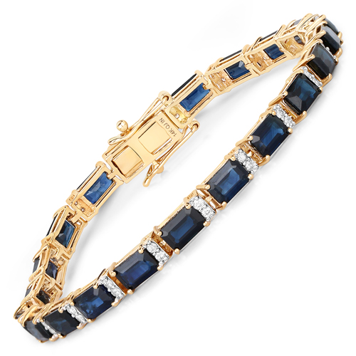 Bracelets-12.77 Carat Genuine Blue Sapphire and White Diamond 14K Yellow Gold Bracelet