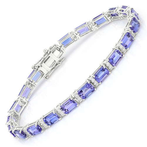 Bracelets-12.35 Carat Genuine Tanzanite and White Diamond 14K White Gold Bracelet