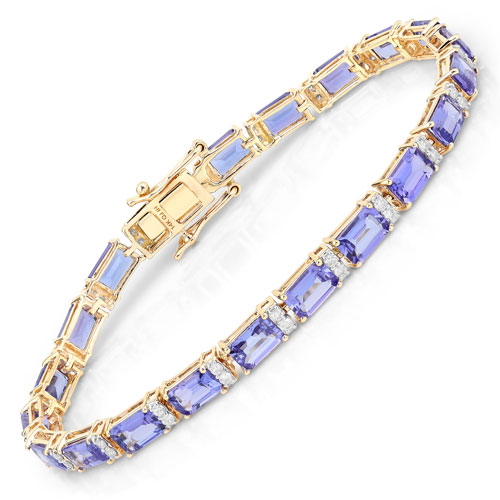 Bracelets-12.35 Carat Genuine Tanzanite and White Diamond 14K Yellow Gold Bracelet