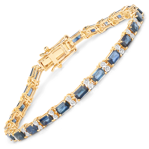 Bracelets-9.57 Carat Genuine Blue Sapphire and White Diamond 14K Yellow Gold Bracelet