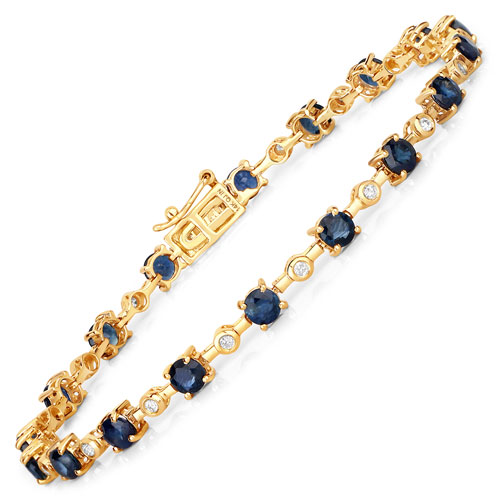 Bracelets-4.88 Carat Genuine Blue Sapphire and White Diamond 14K Yellow Gold Bracelet