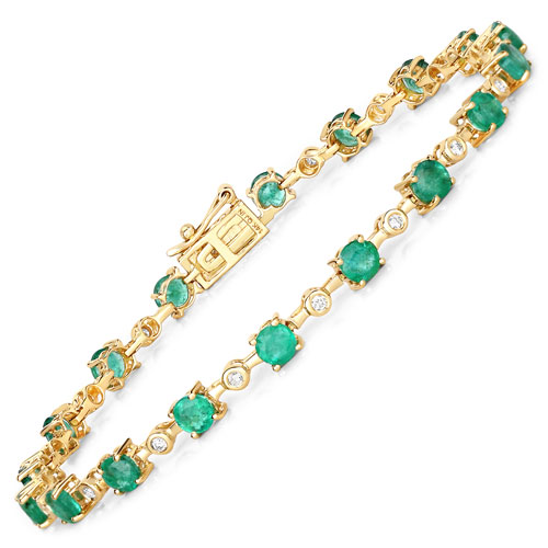 Bracelets-4.16 Carat Genuine Zambian Emerald and White Diamond 14K Yellow Gold Bracelet