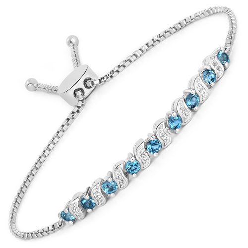 Bracelets-1.34 Carat Genuine London Blue Topaz and White Topaz .925 Sterling Silver Bracelet