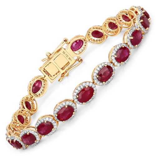 Bracelets-12.32 Carat Genuine Ruby and White Diamond 14K Yellow Gold Bracelet