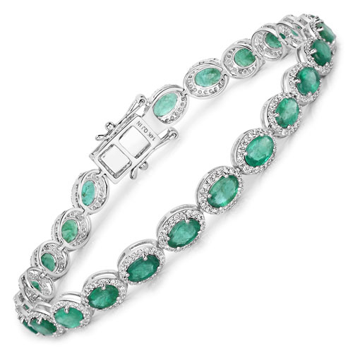 Bracelets-12.16 Carat Genuine Zambian Emerald and White Diamond 14K White Gold Bracelet