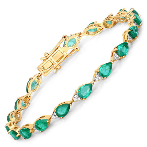 Bracelets-6.91 Carat Genuine Zambian Emerald and White Diamond 18K Yellow Gold Bracelet