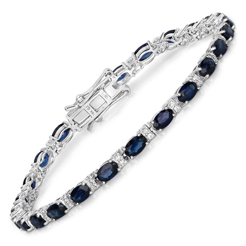Bracelets-5.73 Carat Genuine Blue Sapphire and White Diamond 18K White Gold Bracelet