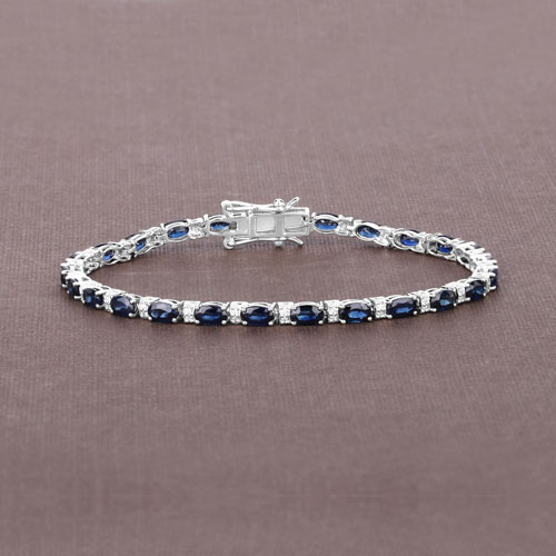5.73 Carat Genuine Blue Sapphire and White Diamond 18K White Gold Bracelet
