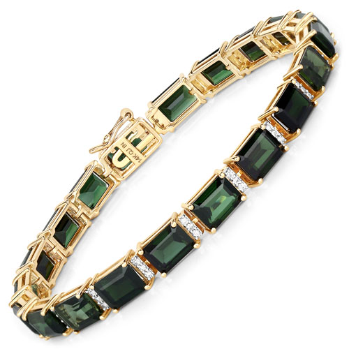 Bracelets-21.99 Carat Genuine Green Tourmaline and White Diamond 14K Yellow Gold Bracelet