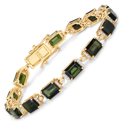 Bracelets-16.36 Carat Genuine Green Tourmaline and White Diamond 14K Yellow Gold Bracelet