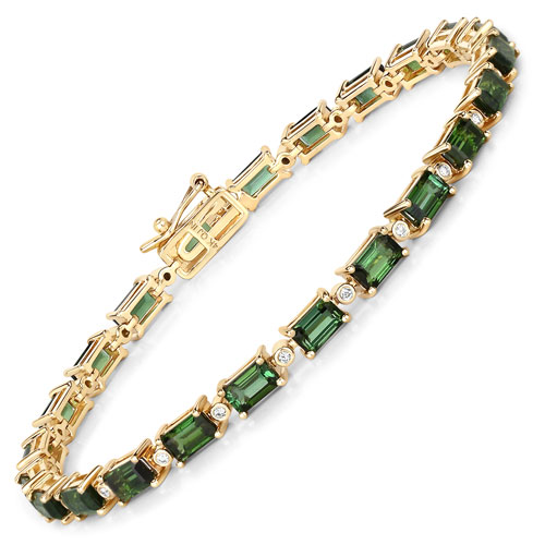Bracelets-7.51 Carat Genuine Green Tourmaline and White Diamond 14K Yellow Gold Bracelet