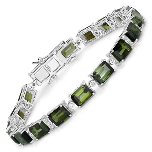 Bracelets-19.04 Carat Genuine Green Tourmaline and White Diamond 14K White Gold Bracelet