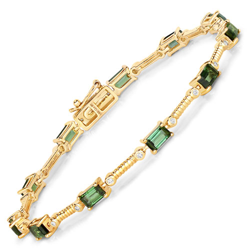 Bracelets-3.22 Carat Genuine Green Tourmaline and White Diamond 14K Yellow Gold Bracelet