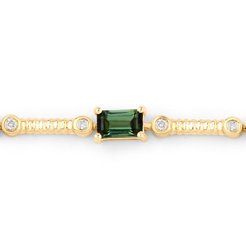 3.22 Carat Genuine Green Tourmaline and White Diamond 14K Yellow Gold Bracelet