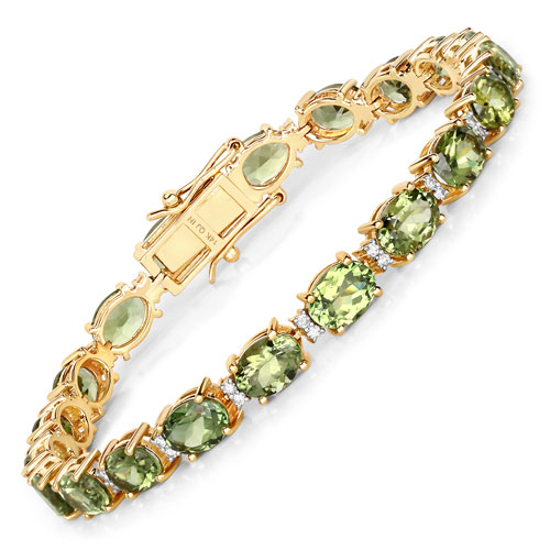 Bracelets-17.00 Carat Genuine Green Tourmaline and White Diamond 14K Yellow Gold Bracelet