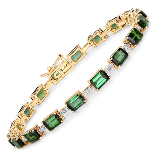 Bracelets-11.14 Carat Genuine Green Tourmaline and White Diamond 14K Yellow Gold Bracelet