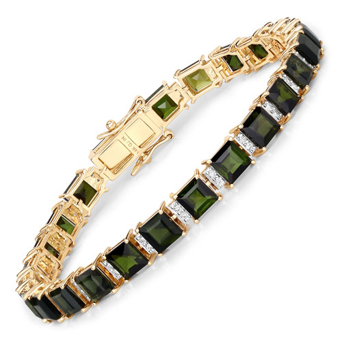 Bracelets-17.75 Carat Genuine Green Tourmaline and White Diamond 14K Yellow Gold Bracelet