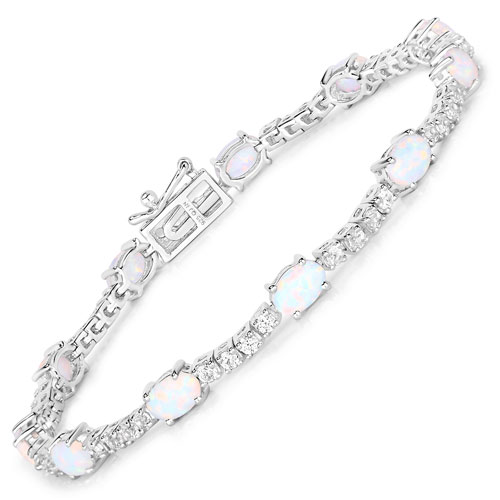 Bracelets-3.59 Carat Created Opal And Created White Sapphire .925 Sterling Silver Bracelet