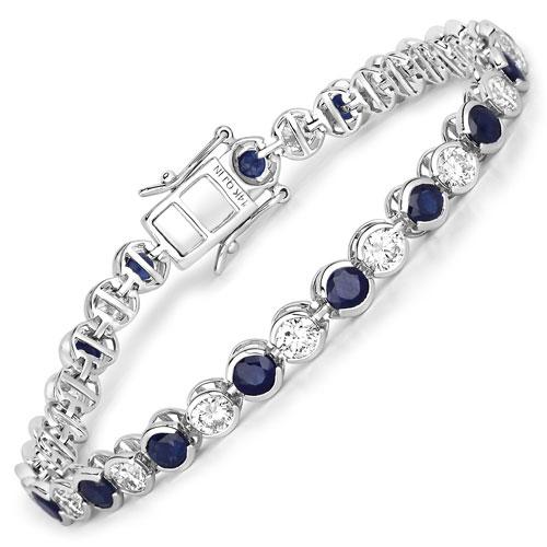 Bracelets-8.84 Carat Genuine Blue Sapphire and Lab Grown Diamond 14K White Gold Bracelet