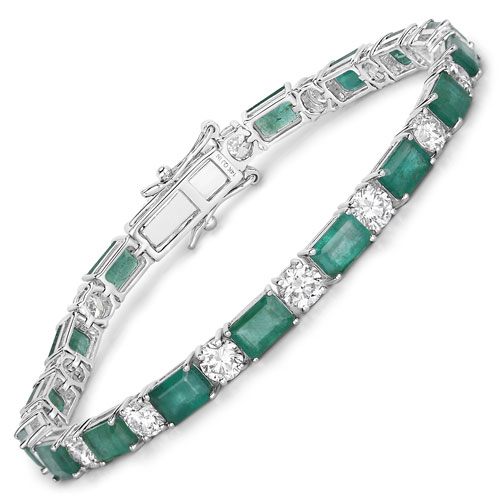 Bracelets-13.60 Carat Genuine Emerald and Lab Grown Diamond 14K White Gold Bracelet