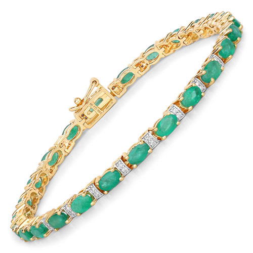 Bracelets-4.98 Carat Genuine Zambian Emerald and White Diamond 14K Yellow Gold Bracelet
