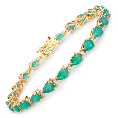 Bracelets-8.37 Carat Genuine Zambian Emerald and White Diamond 14K Yellow Gold Bracelet