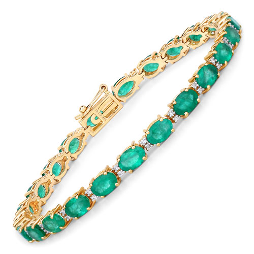 Bracelets-10.86 Carat Genuine Zambian Emerald and White Diamond 14K Yellow Gold Bracelet
