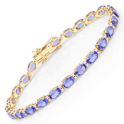 Bracelets-10.87 Carat Genuine Tanzanite and White Diamond 14K Yellow Gold Bracelet