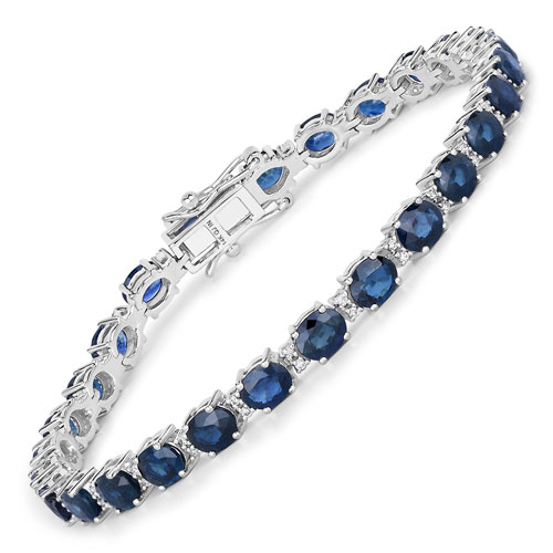 Bracelets-9.43 Carat Genuine Blue Sapphire and White Diamond 14K White Gold Bracelet