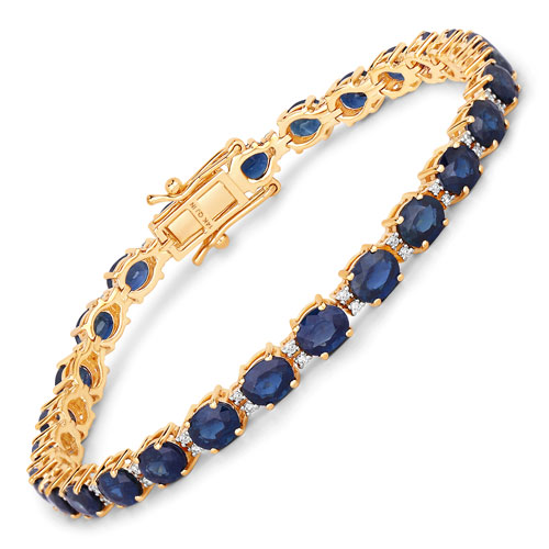 Bracelets-9.43 Carat Genuine Blue Sapphire and White Diamond 14K Yellow Gold Bracelet