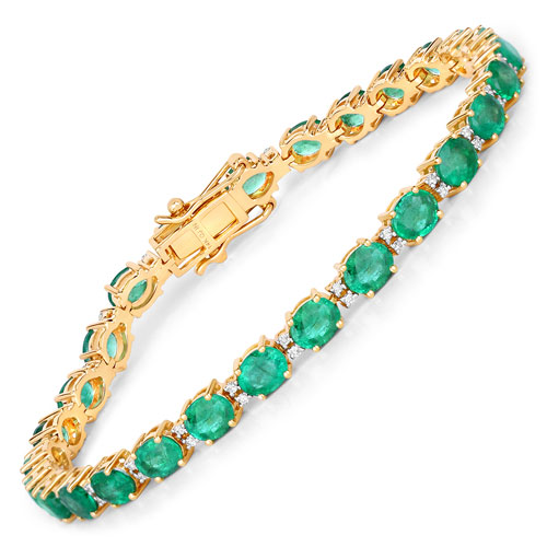 Bracelets-8.32 Carat Genuine Zambian Emerald and White Diamond 14K Yellow Gold Bracelet