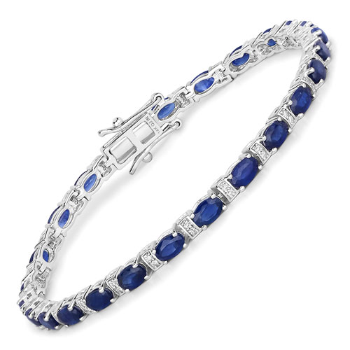 Bracelets-5.75 Carat Genuine Blue Sapphire and White Diamond 14K White Gold Bracelet
