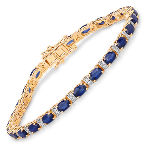 Bracelets-5.75 Carat Genuine Blue Sapphire and White Diamond 14K Yellow Gold Bracelet