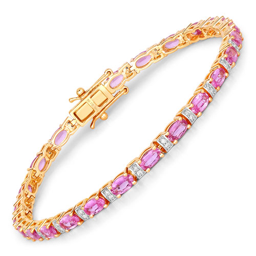 Bracelets-5.73 Carat Genuine Pink Sapphire and White Diamond 14K Yellow Gold Bracelet