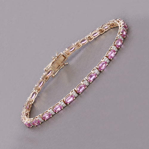 5.73 Carat Genuine Pink Sapphire and White Diamond 14K Yellow Gold Bracelet