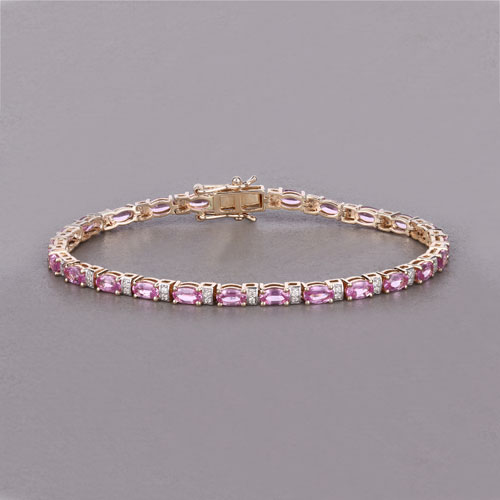 5.73 Carat Genuine Pink Sapphire and White Diamond 14K Yellow Gold Bracelet