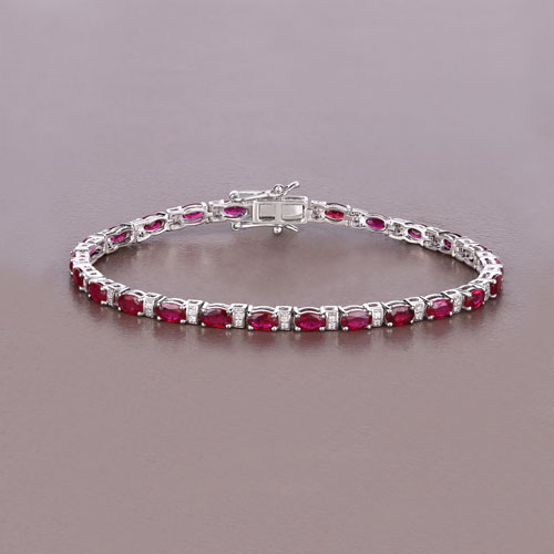 6.98 Carat Genuine Mozambique Ruby and White Diamond 14K White Gold Bracelet