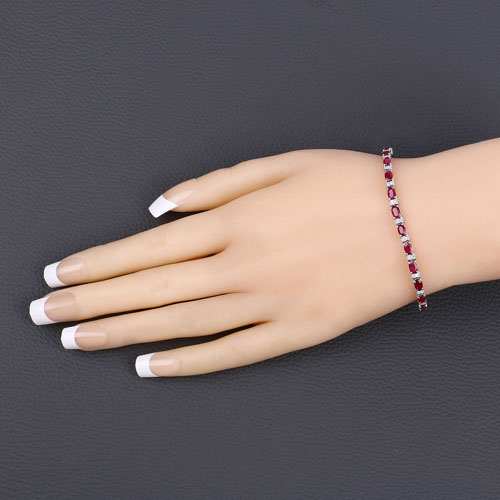 6.98 Carat Genuine Mozambique Ruby and White Diamond 14K White Gold Bracelet