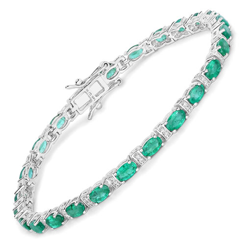 Bracelets-5.00 Carat Genuine Zambian Emerald and White Diamond 14K White Gold Bracelet