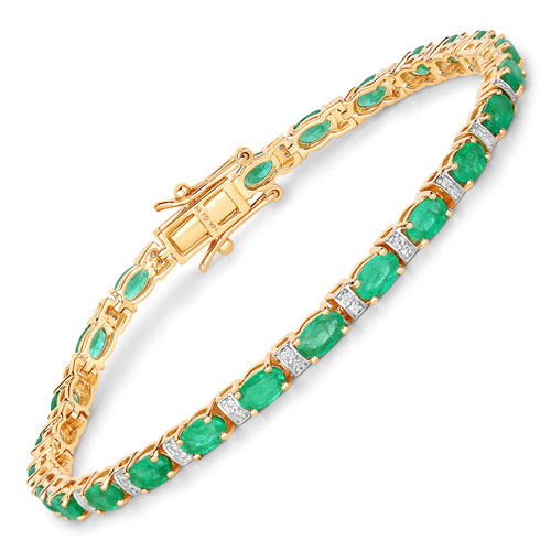 Bracelets-5.00 Carat Genuine Zambian Emerald and White Diamond 14K Yellow Gold Bracelet