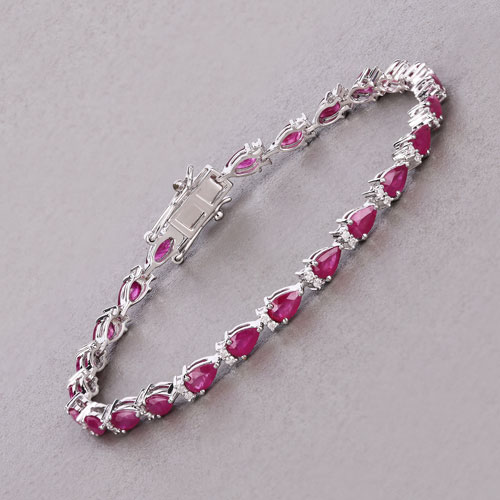 6.65 Carat Genuine Mozambique Ruby and White Diamond 14K White Gold Bracelet