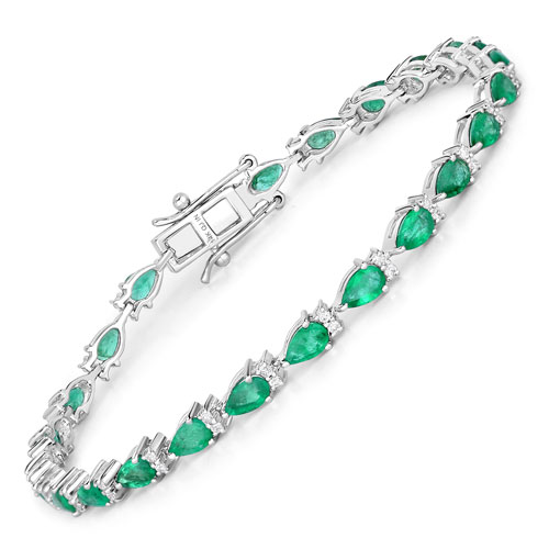 Bracelets-4.75 Carat Genuine Zambian Emerald and White Diamond 14K White Gold Bracelet