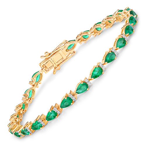 Bracelets-4.65 Carat Genuine Zambian Emerald and White Diamond 14K Yellow Gold Bracelet