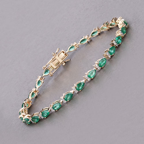 4.65 Carat Genuine Zambian Emerald and White Diamond 14K Yellow Gold Bracelet