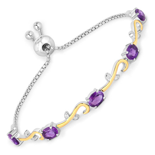 Bracelets-4.06 Carat Genuine Amethyst and White Topaz .925 Sterling Silver Bracelet