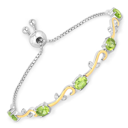 Bracelets-4.21 Carat Genuine Peridot and White Topaz .925 Sterling Silver Bracelet